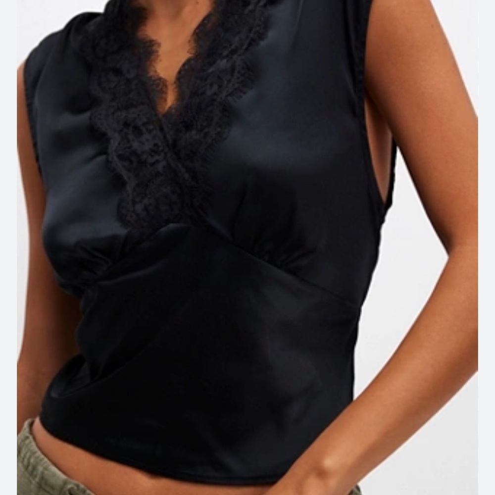 Black Satin Sleeveless Top with Lace Detail